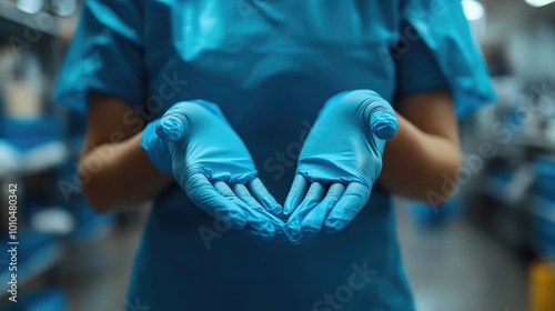 Doctor wearing blue surgical gloves is preparing for surgery