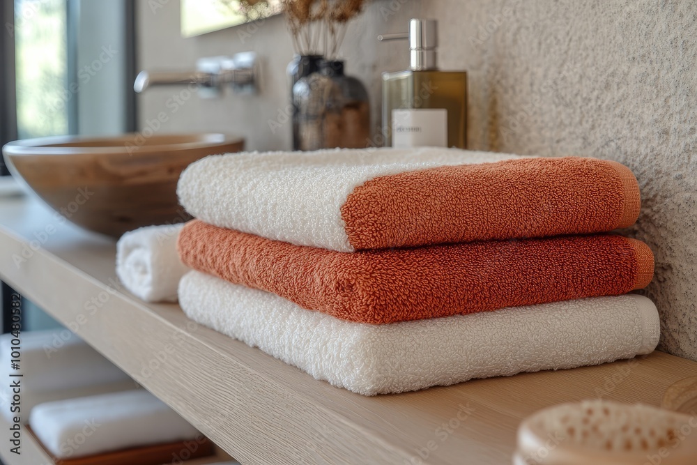 Stack of clean white and orange towels sitting on a wooden shelf Stack of clean white and orange towels sitting on a wooden shelf