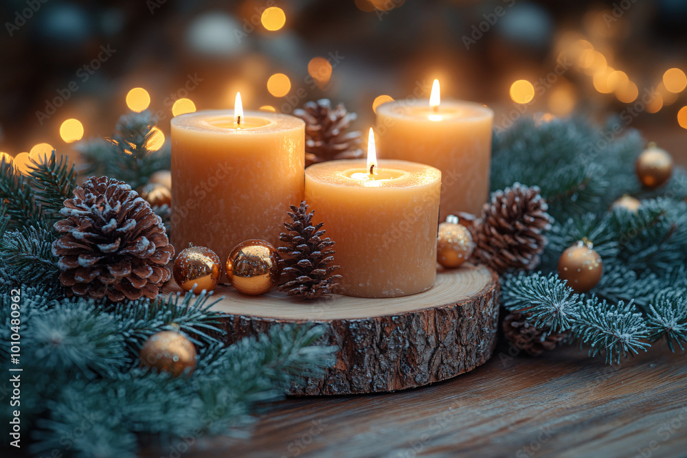 warm candlelight & evergreen branches for christmas decoration warm candlelight & evergreen branches for christmas decoration