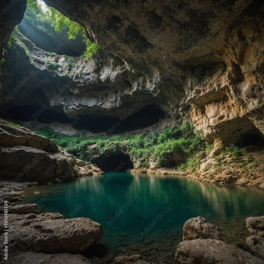 Capture the breathtaking beauty of the Devetaki Cave in Bulgaria, where nature's grandeur unfolds with towering arches, lush greenery, and a sense of ancient mystery. Capture the breathtaking beauty of the Devetaki Cave in Bulgaria, where nature's grandeur unfolds with towering arches, lush greenery, and a sense of ancient mystery.