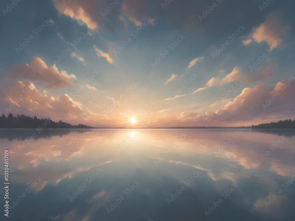 A serene sky during the golden hour, with soft light illuminating fluffy clouds, and the last rays of sunlight reflecting on a calm lake
A serene sky during the golden hour, with soft light illuminating fluffy clouds, and the last rays of sunlight reflecting on a calm lake