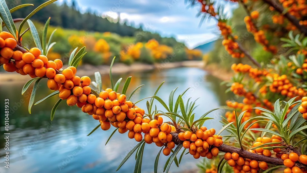 Extreme close-up of ripe sea buckthorn berries near a forest and river Extreme close-up of ripe sea buckthorn berries near a forest and river