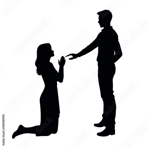 a black silhouette of a man and a woman. The man is standing on one leg and the woman is kneeling on the ground with her hands clasped together in front of her