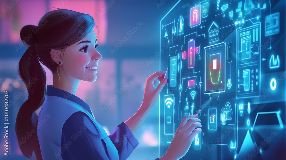 A Woman Interacting with a Futuristic Interface A Woman Interacting with a Futuristic Interface