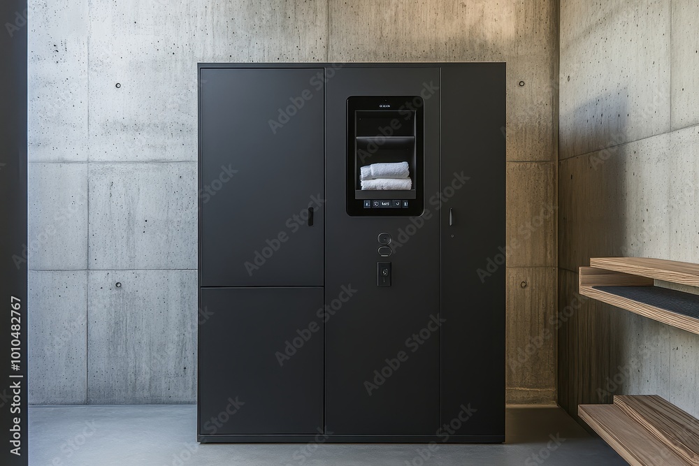 A modern black refrigerator with a minimalist design and integrated display for convenience. A modern black refrigerator with a minimalist design and integrated display for convenience.