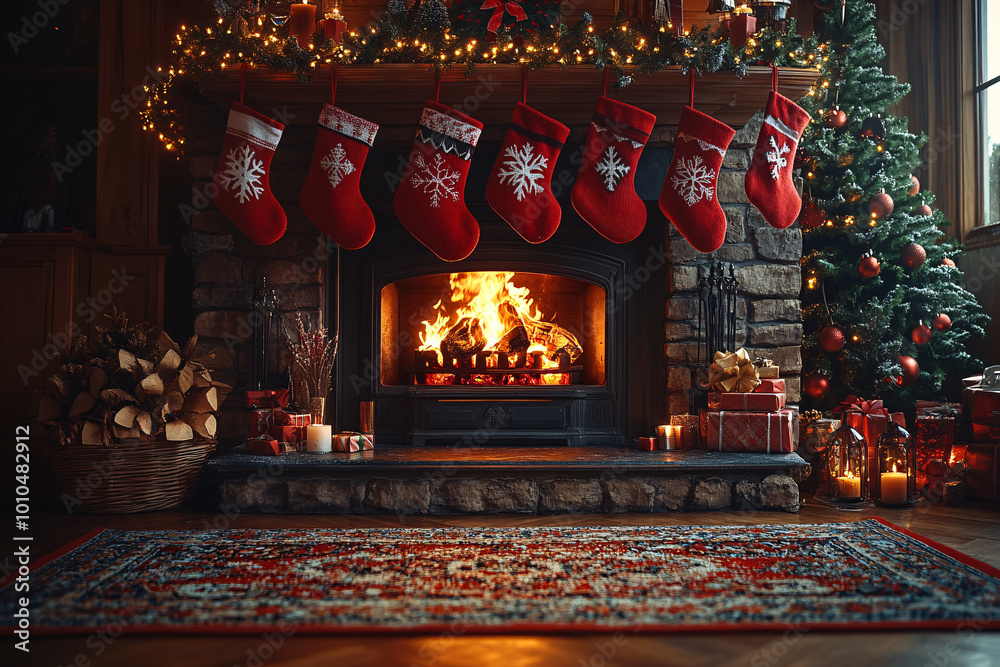 cozy christmas fireplace with red stockings and presents cozy christmas fireplace with red stockings and presents