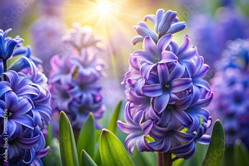 Extreme close-up of serene hyacinth blossoms swaying in morning garden light