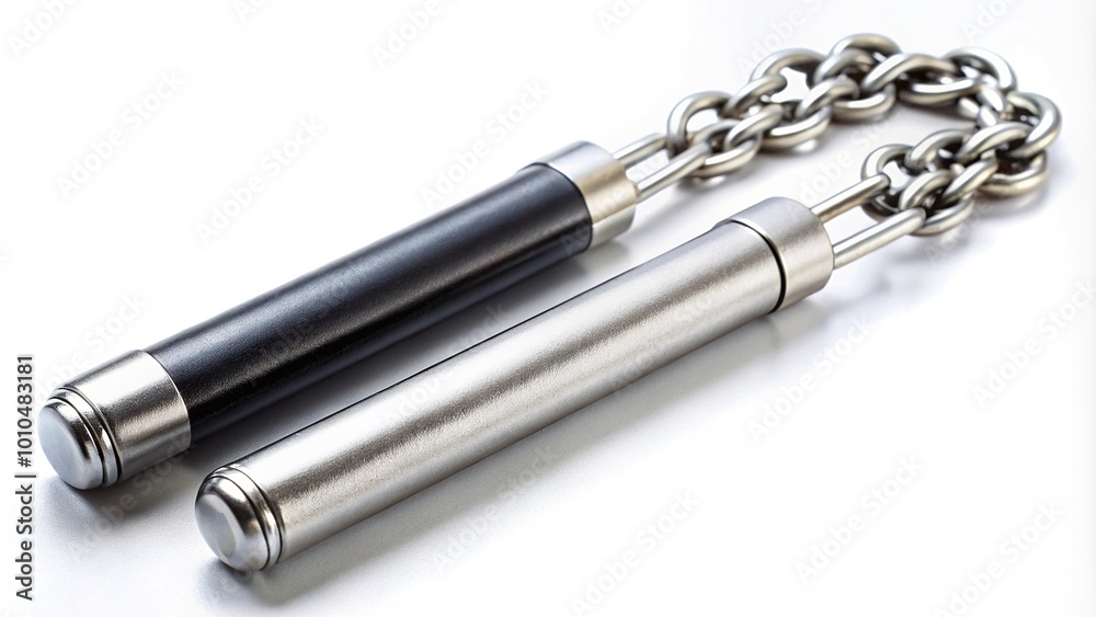 Extreme close-up of silver and black nunchaku isolated on white background Extreme close-up of silver and black nunchaku isolated on white background
