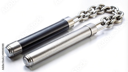 Extreme close-up of silver and black nunchaku isolated on white background photo