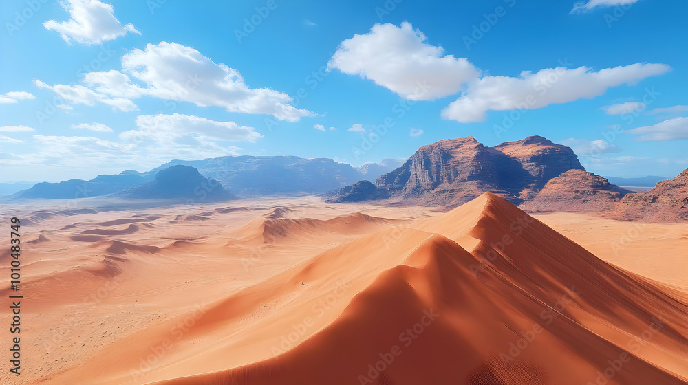 Naklejka premium A vast, red desert landscape stretches out under a bright blue sky, with towering sandstone mountains in the distance.