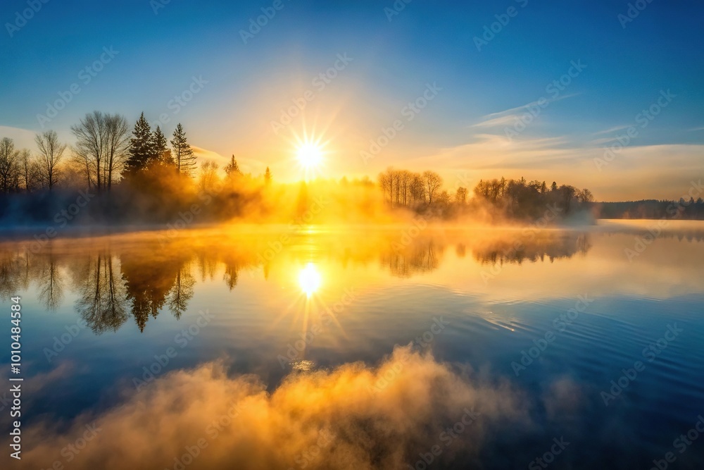 Fototapeta premium Extreme close-up of sunrise over lake on foggy winter morning
