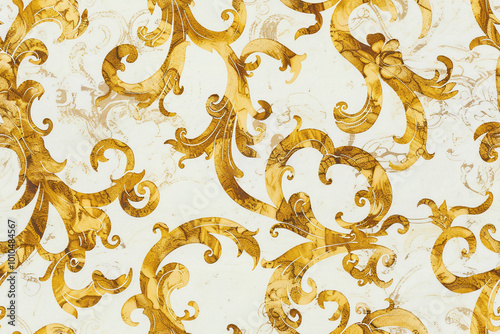 Seamless pattern background of intertwining arabesque scrolls and flourishes in antique gold