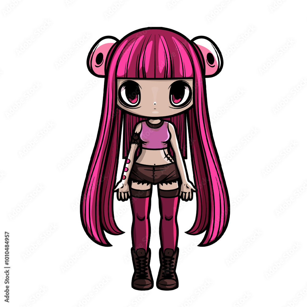 Cute Gothic Girl with Blue Hair and Pink Dress Illustration. Cartoon Girl with Pigtails and Skull Shirt Design Cute Gothic Girl with Blue Hair and Pink Dress Illustration. Cartoon Girl with Pigtails and Skull Shirt Design