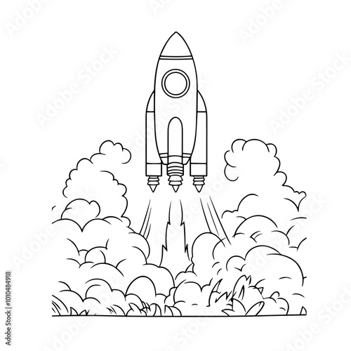 Simple Rocket Ship Launch Line Art for Coloring. Cartoon Rocket Lift-Off Outline for Kids' Coloring