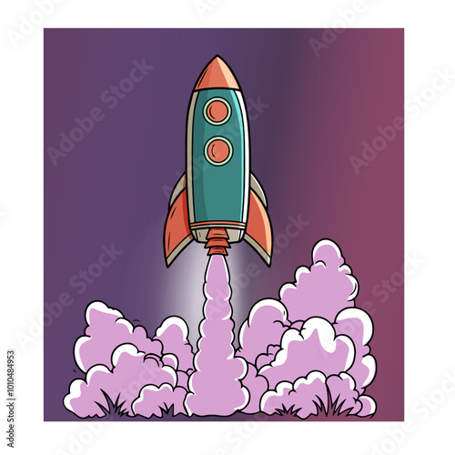 Cartoon Rocket Launch with Smoke and Flames Illustration. Retro Space Rocket Taking Off in Vector Art
