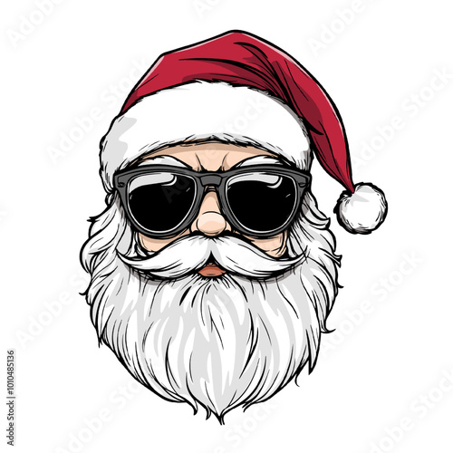 Cool Santa Claus with Red Sunglasses Cartoon. Stylish Santa in Shades and Santa Hat Illustration