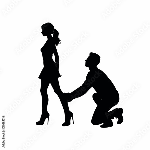a man kneeling down and holding the hand of a woman. The man is kneeling on the ground with his knees bent and his hands clasped together in front of him