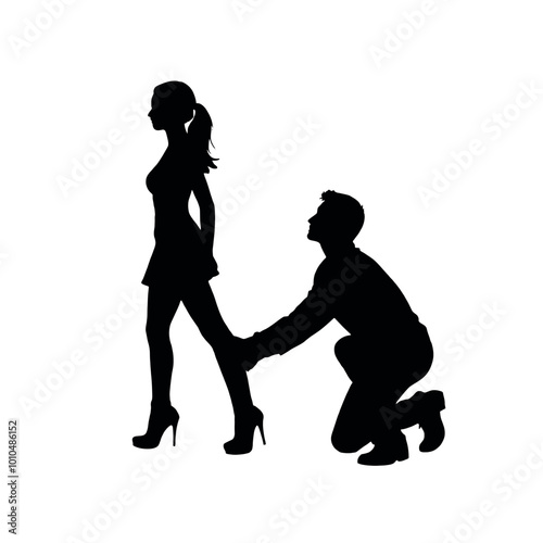a man kneeling down and holding the hand of a woman. The man is kneeling on the ground with his knees bent and his hands clasped together in front of him