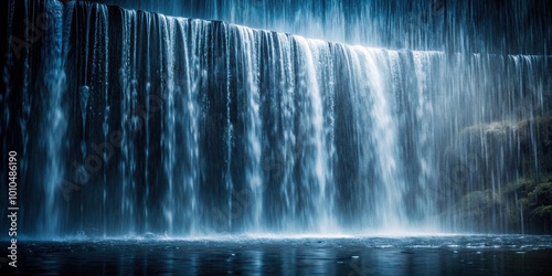 Extreme close-up of waterfall in dark rain over water