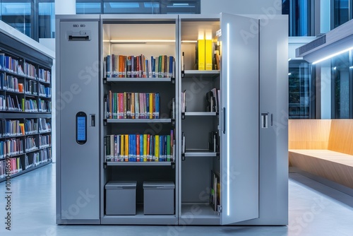 A modern library storage unit displaying colorful books and bins in a well-lit environment.