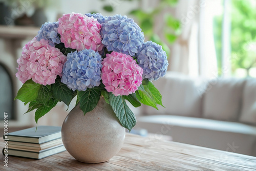 A beautifully designed home interior with a wooden table as the focal point. On the table sits a vase filled with a bouquet of pink and blue hydrangea flowers,  photo