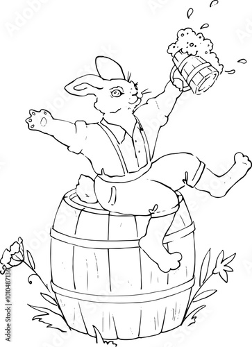 A cheerful rabbit in suspenders drinks a foamy drink, sitting on a barrel with raised paws. Linear vector graphics. Vintage style. Perfect for use in promotions for beer festivals and cozy pubs