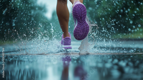 the feet of a fit young lady, runs at maximum speed on a rain-wears fresh purple sneakers, which splash through puddles, creating dynamic water effects that the speed and power of her movement.  photo