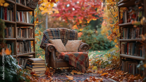 an inviting outdoor book corner set in the heart of an autumn landscape photo