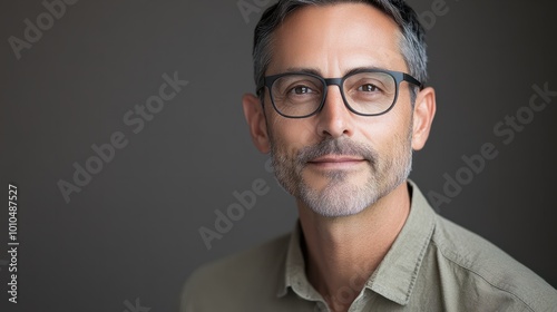 Professional headshot of a creative director, modern glasses, neutraltoned background, engaging and confident