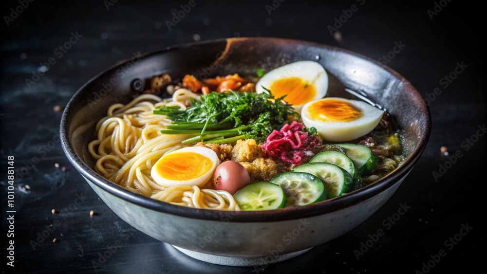 A bowl of ramen noodles with eggs, cucumber, and other toppings. A bowl of ramen noodles with eggs, cucumber, and other toppings.