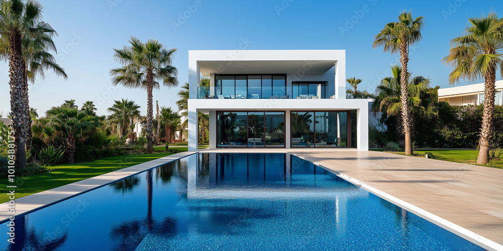 Fototapeta premium Außenansicht einer erstaunlichen modernen, minimalistischen kubischen Luxusvilla mit großem Swimmingpool und Palmen.