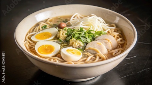 A bowl of ramen with noodles, broth, eggs, vegetables, and meat.