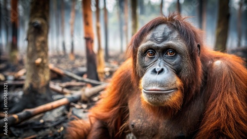 Extreme close-up photo of an orangutan in charred forest remains