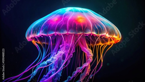 Extreme close-up photo of luminous jellyfish with neon colors in the dark sea