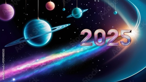 2025 comet streaking through space in a cosmic scene with glowing planets and stars, celebrating the new year. Made with generative AI technology photo