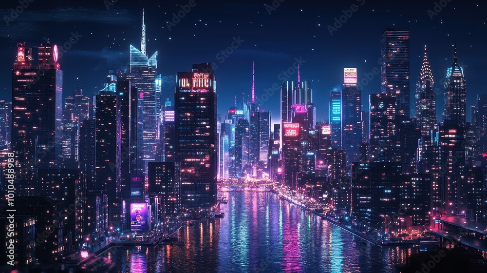 Night cityscape with skyscrapers and neon lights Night cityscape with skyscrapers and neon lights