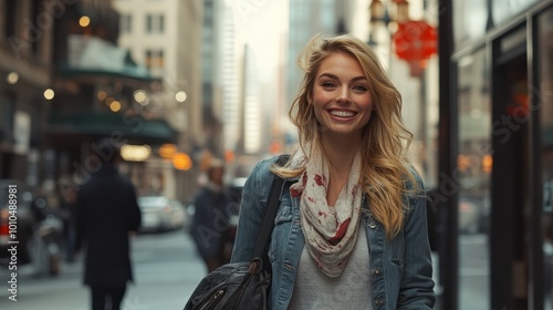 Smiling blonde woman in casual wear walks down a city street, looking confident and stylish