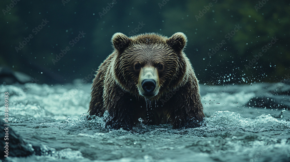 A powerful brown bear fishing in a river surrounded by lush forest and a strong current on an early morning. A powerful brown bear fishing in a river surrounded by lush forest and a strong current on an early morning.