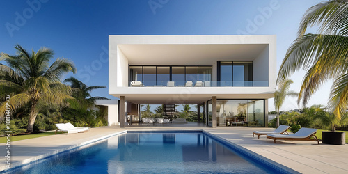 Au  enansicht einer erstaunlichen modernen  minimalistischen kubischen Luxusvilla mit gro  em Swimmingpool und Palmen.