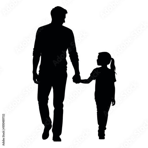 a man with her little daughter holding hand together and walking looking forward isolated white background