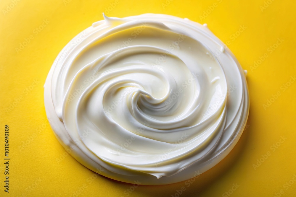 Extreme close-up sample of white cosmetic cream lotion on yellow background Extreme close-up sample of white cosmetic cream lotion on yellow background