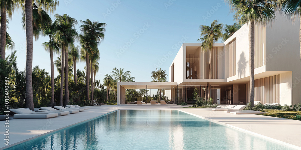 Fototapeta premium Außenansicht einer erstaunlichen modernen, minimalistischen kubischen Luxusvilla mit großem Swimmingpool und Palmen.