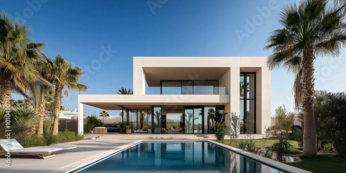 Au  enansicht einer erstaunlichen modernen  minimalistischen kubischen Luxusvilla mit gro  em Swimmingpool und Palmen.