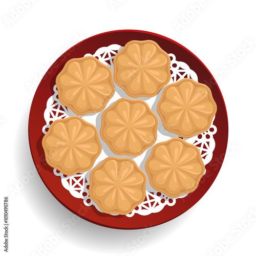 Chinese New Year Kuih Bahulu 鸡蛋糕 on red plate top view