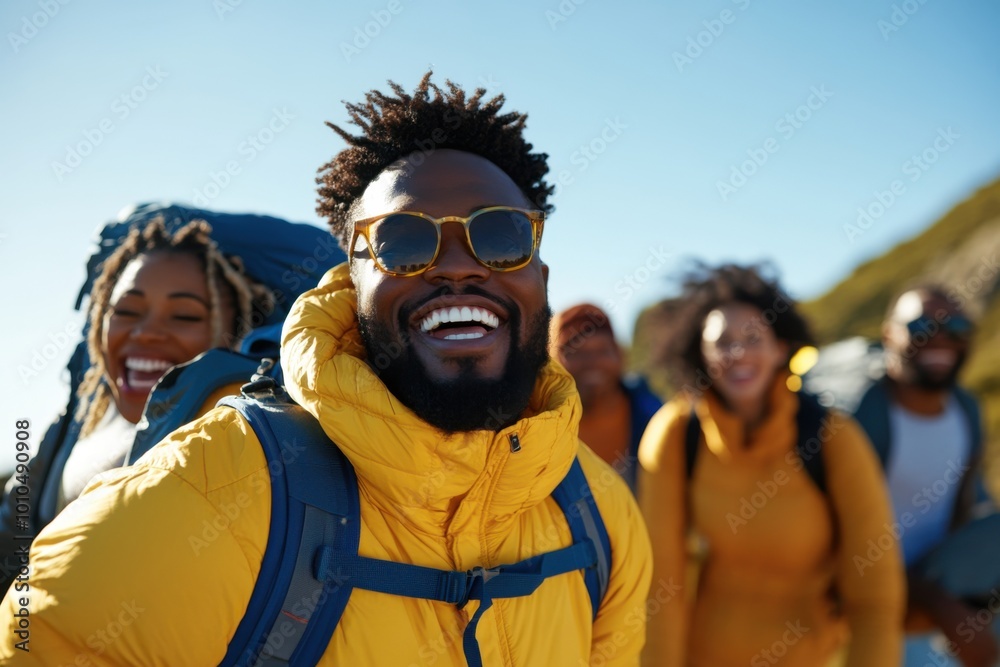 Group of hikers smiling and walking on mountain trail Group of hikers smiling and walking on mountain trail