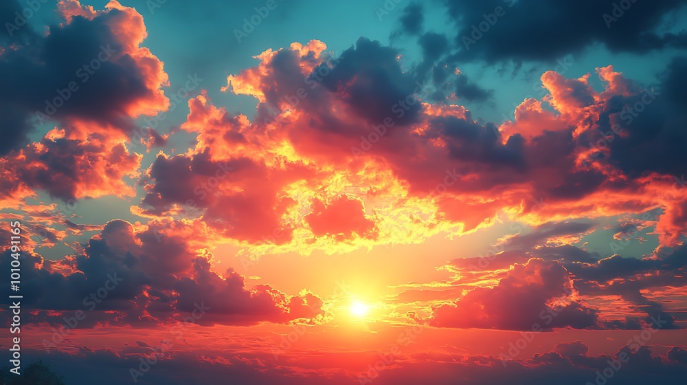 Dramatic sunset with fiery clouds and sunrays breaking through. Dramatic sunset with fiery clouds and sunrays breaking through.
