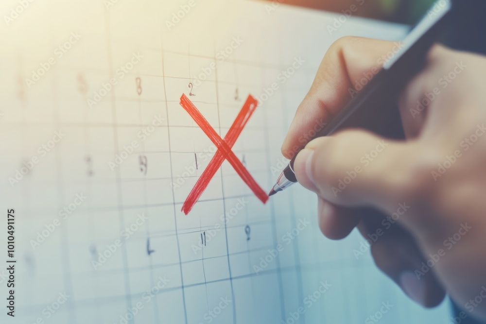 Person crossing out date on calendar with red x Person crossing out date on calendar with red x
