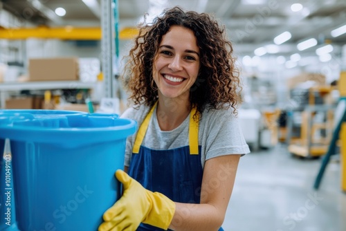 Smiling female worker holding cleaning supplies in warehouse photo