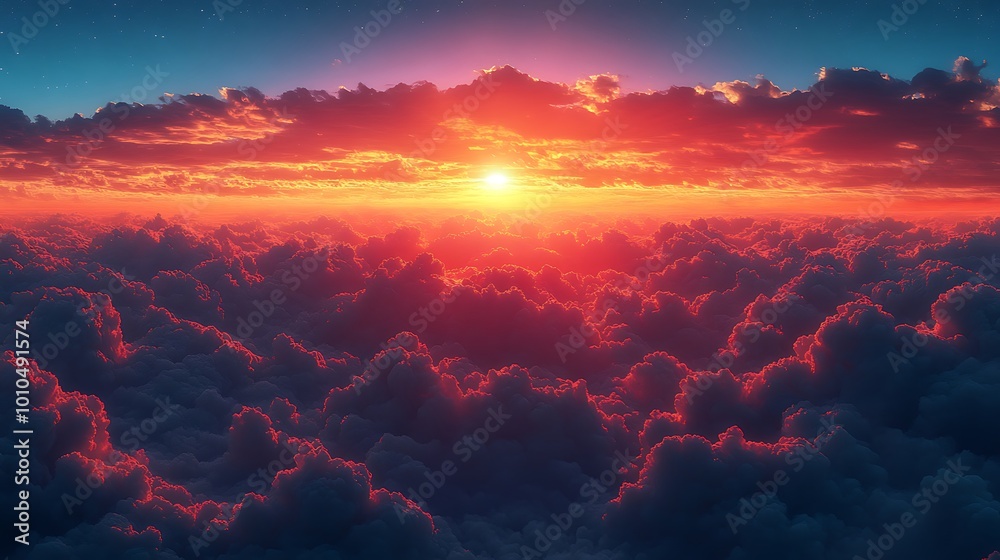 A stunning view of the sunrise from above the clouds. The sun shines bright red in the sky and illuminates the clouds in warm, vibrant hues. A stunning view of the sunrise from above the clouds. The sun shines bright red in the sky and illuminates the clouds in warm, vibrant hues.