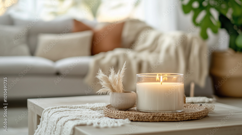 an clear glass candle, cozy living room background, candle mockup, scented candle, close up an clear glass candle, cozy living room background, candle mockup, scented candle, close up
